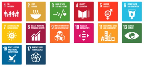 14 brightly colored squares naming poverty, zero hunger, good health, education, water, energy, economic growth, industry, reducing inequalities, sustainable cities, climate action, peace, and partnerships as the sustainable goals for Malawi